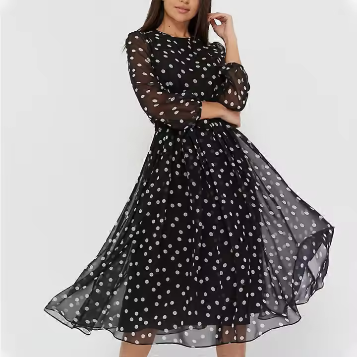 Vestido estampado de encaje de lunares negro BSSM - 1