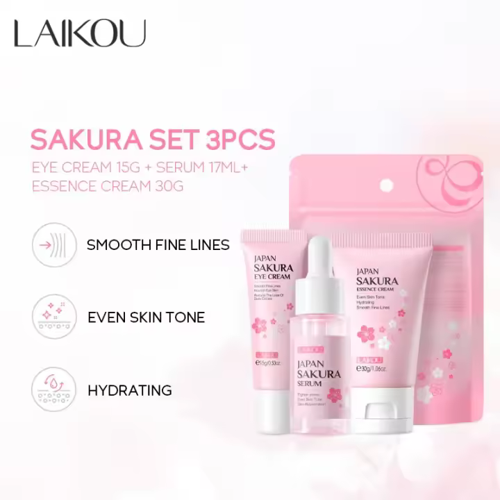 LAIKOU-Conjunto de cuidado de la piel con flor de cerezo, crema para ojos con esencia, crema Facial, producto para el cuidado de la piel, Kit de productos faciales, juegos de 3 piezas para el cuidado de la piel - 1