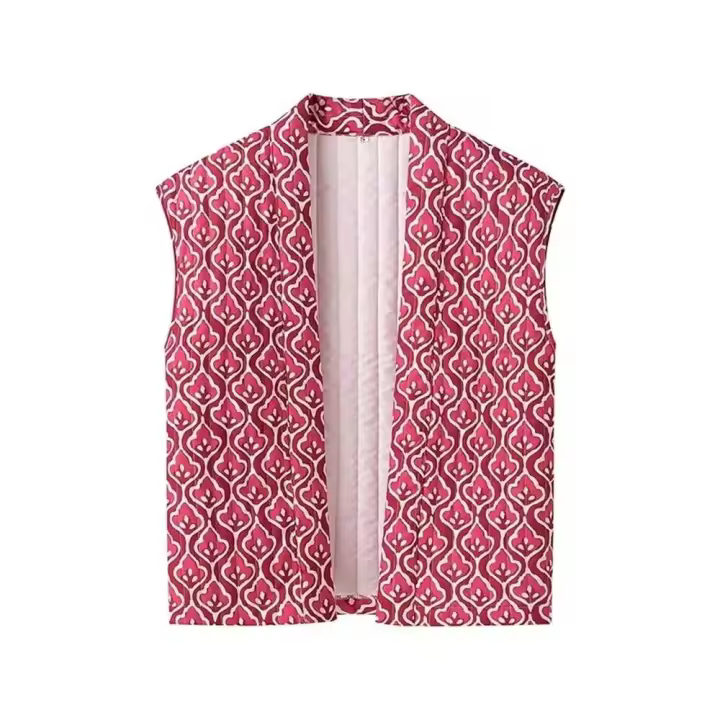Chaleco de dos tonos sin botones corto con estampado de líneas holgadas y mangas informales para mujer nueva moda 2024 - 1