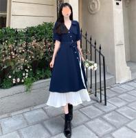 Diseño sentido falso dos piezas de temperamento artístico vestido camisero con cuello en V falda larga de cintura suave francesa de verano para mujer - details 21