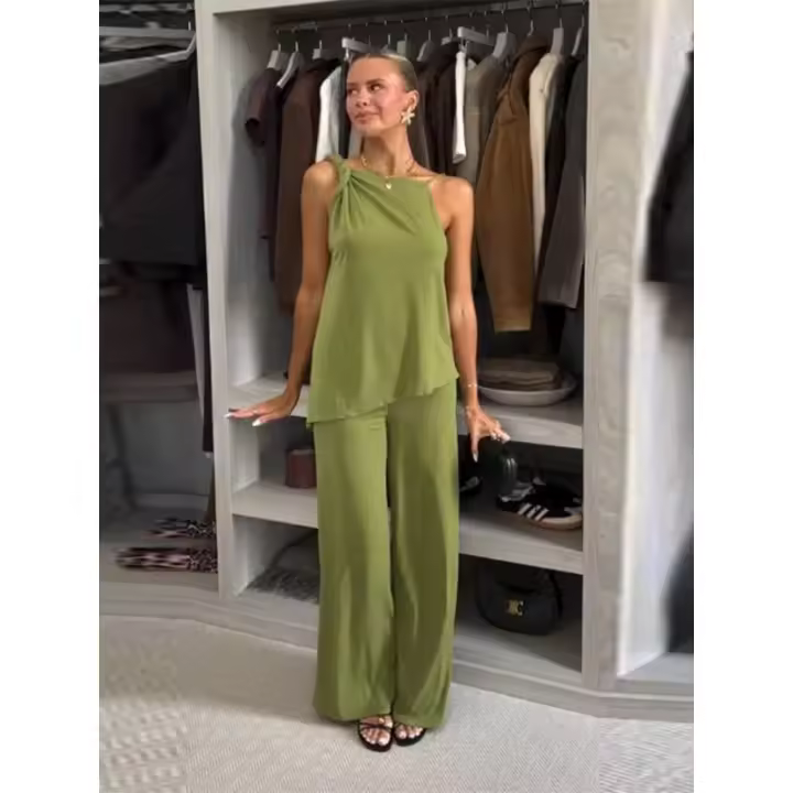 Moda Casual Color Sólido Camisola Asimétrica Top, Conjunto Pantalones Pierna Ancha, Mujer 2025 Verano Nuevo - 1