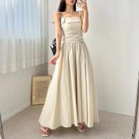 Vestido de tirantes de verano para mujer, falda acampanada plisada de cintura alta, vestido largo coreano Sle Pure Desire, cuello cuadrado, viaje dividido - details 12