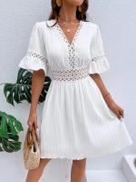 Vestido Blanco Puro de Verano Cintura de Encaje con Parche de Moda Cuello en V Manga Corta - details 16
