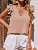 Camisa casual elegante con cuello en V para mujer, parte superior lisa con ribers de oficina, mangas de hoja de loto, verano - details 8