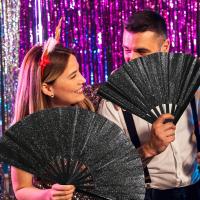 1 abanico de mano plegable negro brillante, tamaño grande, costillas de bambú portátiles, tela duradera, para EDM, danza, playa, decoración del hogar, fiesta, cumpleaños, accesorio de moda para mujer - details 4