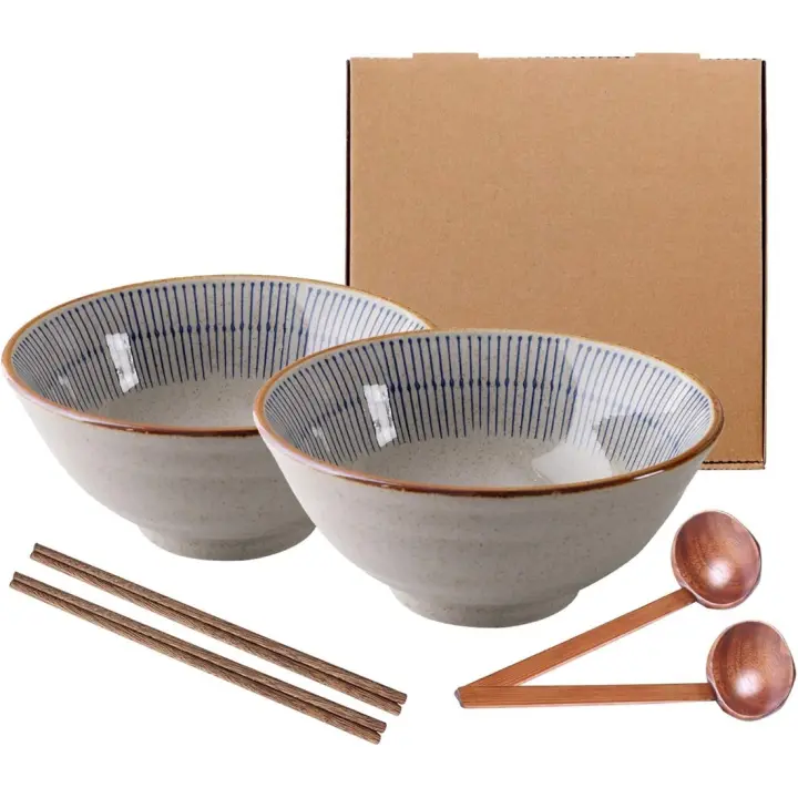 Tazón de Ramen de Cerámica Japonesa 19.5 x 19.5 x 8.6 cm Ideal para Ensalada de Frutas, Verduras y Fideos Paquete de 2 - 1