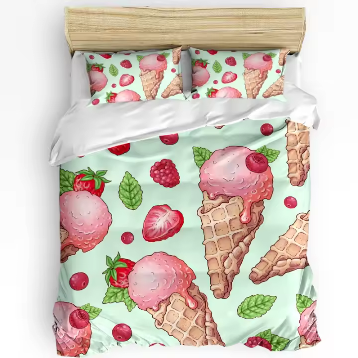 Juego de Ropa de Cama de Frutas de Helado Personalizable para Verano Conjunto de 3 Piezas de Almohada con Funda de Edredón de Cama Doble - 1