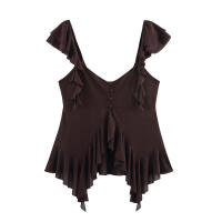 OUWU- Chaleco ajustado con volantes en capas lisas para mujer, Top elegante con cuello en V sin mangas y dobladillo Irregular, novedad de verano 2025, ropa elegante para vacaciones para mujer - details 1