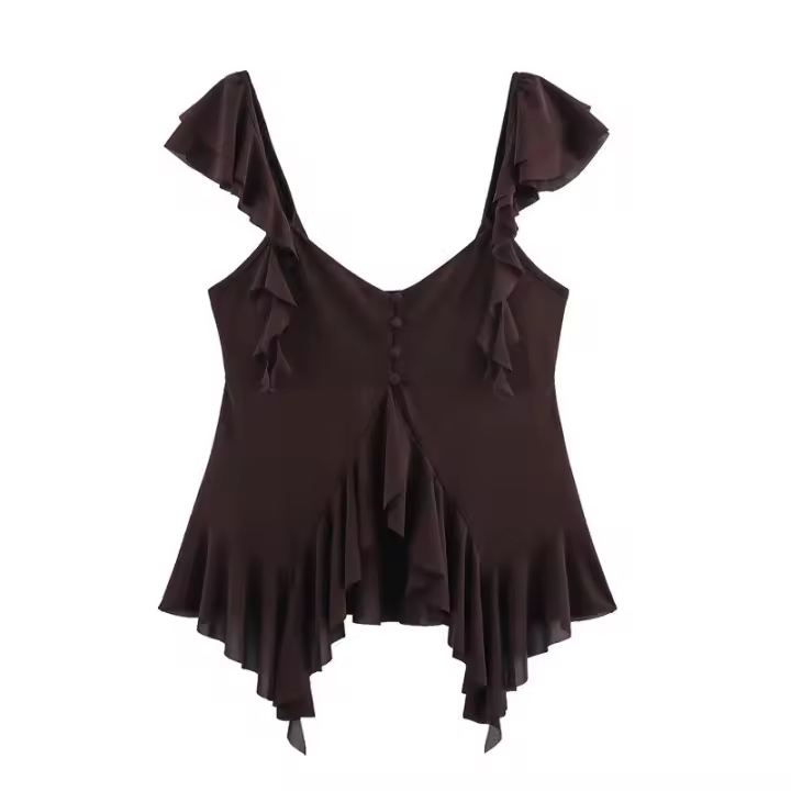 OUWU- Chaleco ajustado con volantes en capas lisas para mujer, Top elegante con cuello en V sin mangas y dobladillo Irregular, novedad de verano 2025, ropa elegante para vacaciones para mujer - 1