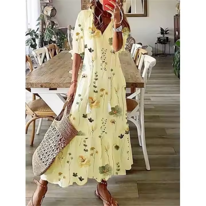 Vestido largo bohemio de verano para mujer, vestidos Vintage con estampado ral y manga con cuello en V, vestido de playa holgado informal con cordón para mujer - 1