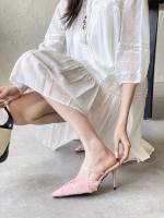 Nuevo temperamento puntiagudo rosa bolsa cabeza media zapatillas mujer malla encaje stiletto tacones altos - details 20
