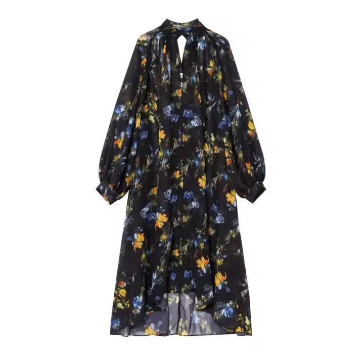 Vestido Bohemio de Manga Larga y Suelto con Estampado Floral Cuello Alto, Mangas Aretes, Perfecto para Primavera y Verano - 1