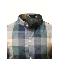 Camisa informal con estampado a cuadros y cuello alto de manga larga para hombre, primavera, otoño, al aire libre - details 10
