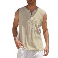 Lino de algodón para hombre, chaleco informal de Color sólido, camisas sin mangas con cordones, camisetas sin mangas con cuello en V, camisa holgada, camisetas ligeras para hombre - details 3