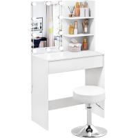 Tocador con Taburete, Tocador Maquillaje con Espejo y Luz, Mesa Tocador con Cajón Grande y 2 Estantes, Espejo, 10 Bombillas LED, Tocador Moderno para Dormitorio, Blanco, 75x40x136 cm, MB6113ws - details 1
