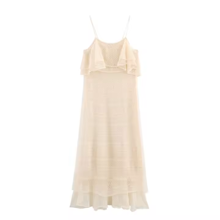 Adorable Vestido Largo Estilo Francés 2025 con Volantes y Tela Calada, Nueva Llegada de Verano, Ropa de Mujer - 1
