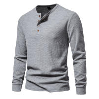 Camiseta de manga larga Henley para hombre, camisa básica transpirable con botones, informal, Color sólido, otoño - details 5