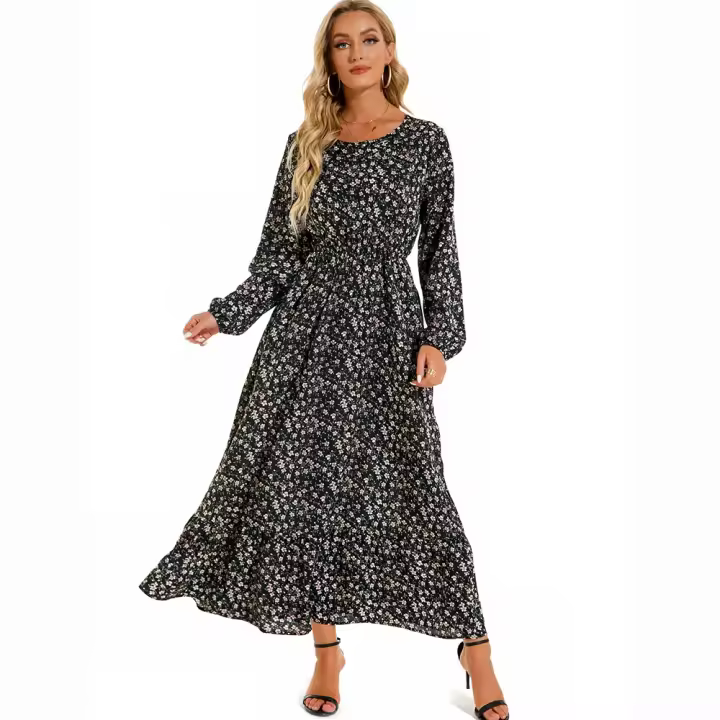 2024 vestido de mujer Casual de manga larga de cintura alta de playa de gasa vestidos florales mujer nuevo - 1