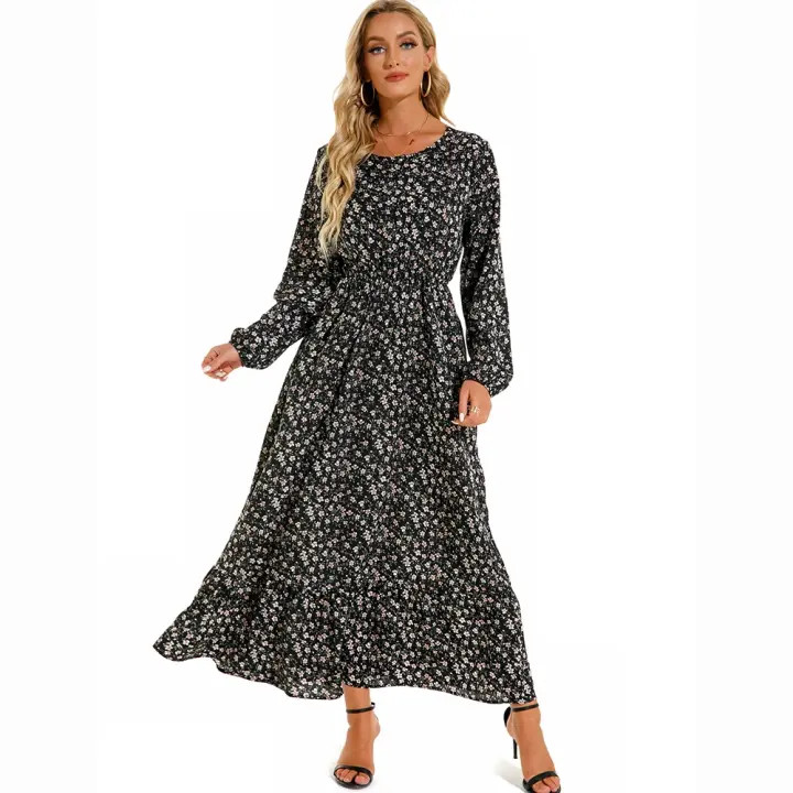 2024 vestido de mujer Casual de manga larga de cintura alta de playa de gasa vestidos florales mujer nuevo - 1