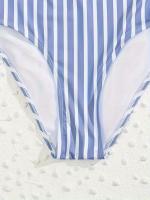 Traje de baño de una pieza con cuello en V fruncido y estampado a rayas, tirantes finos sin espalda, trajes de baño retro - details 4