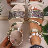 Sandalias de mujer de talla grande, nuevas de verano, con lentejuelas, de moda, de una sola tira, con suela gruesa, versátiles y cómodas. - details 0