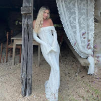 BUNO-Oligai elegante vestido ajustado con hombros descubiertos 2025 nuevo en blanco vestido largo de encaje con mangas acampanadas vestido de invitados de boda para mujer - details 11