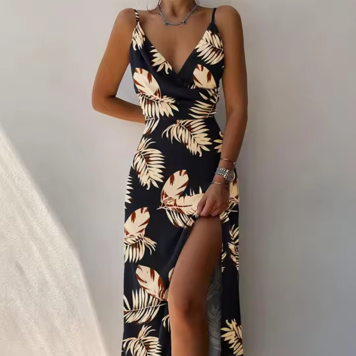Ropa de mujer europea y americana 2025 vestido con estampado dividido con cuello en V y tirantes de verano. - 1