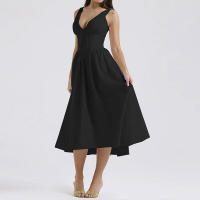 2025 novedad de verano para mujer estilo temperamento viajero Color sólido cuello en V falda con tirantes vestido de longitud media - details 4