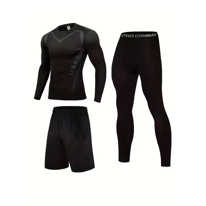 Men's Sports 3pcs Set, Long Sleeve Compression T-shirt + Active Shorts + Leggings Matching Set For Fitness - 1