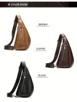 Bolso de pecho de cuero genuino para hombre - Bandolera moderna con forma de silla de montar con compartimentos con doble cremallera, marrón, correa de hombro ajustable, cierre de cremallera seguro, ideal para salidas informales, bolso bandolera informal - details 4
