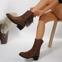 Botas Martin de gamuza con borlas Retro para mujer, botas cortas de tacón grueso con punta redonda, botas vaqueras occidentales delgadas - details 1