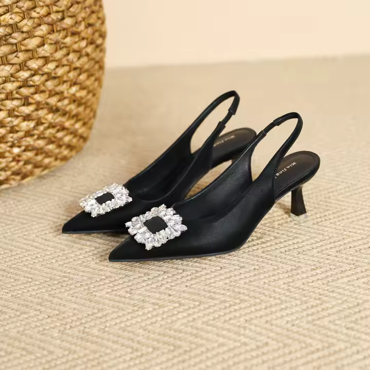 Nuevos tacones altos con correa y hebilla cuadrada de diamantes brillantes para fiesta - 1