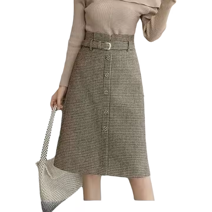 Falda ajustada de cintura alta, estilo cuadros de lana adelgazante: flauta de trompeta combinada con cinturón de moda para mujer - 1