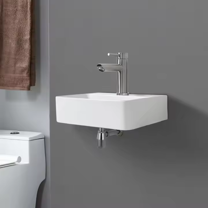 Lavabo de Cerámica Rectangular con 1 Orificio para Grifo, Montado en la Pared, Tamaño: 375 × 262 × 105 mm, Blanco - 1