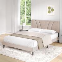 Somier 160 x 200 cm de Listones de Madera, Estructura de Cama de Laminas de chopo, cabecero tapizado Alto y cómodo para apoyarse, Fácil de Montar, Beige - details 0