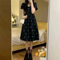 Gran oferta de la temporada, nuevo estilo francés, dulce cuello cuadrado, vestido negro Floral para mujer, vestido largo adelgazante de verano, elegante e informal - details 1