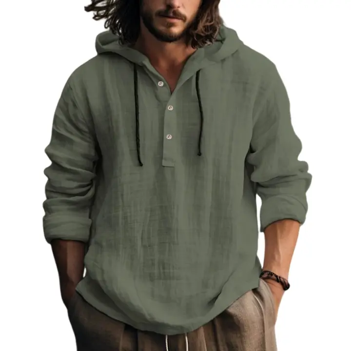 Sudadera con Capucha de Algodón-Lino para Hombres Camisas de Playa Sueltas con Capucha para El Verano Ropa Casual para Primavera y Otoño - 1