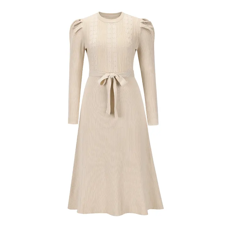 Vestido de suéter de manga abullonada para mujer, nuevo estilo, cintura alta, falda completa, Beige S - 1