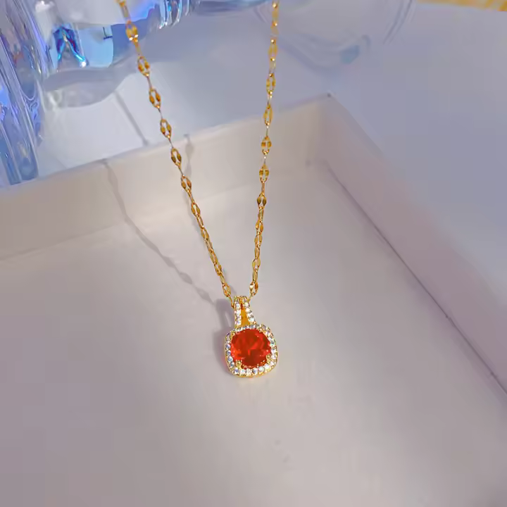 Oro incrustado circonitas colgante titanio acero collar moda mujer diamante cuadrado cadena clavícula simple temperamento luz accesorios de lujo - 1