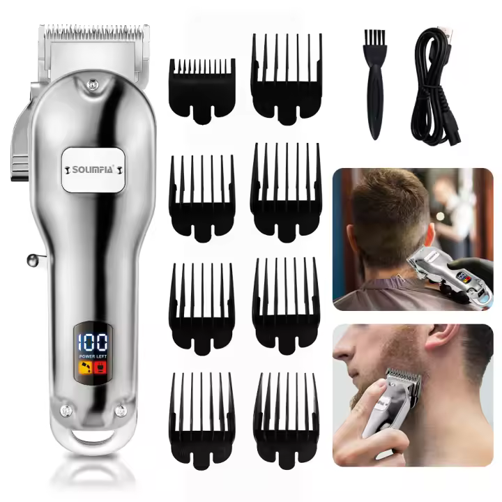 Solimpia Cortapelos de metal Kit de corte de cabello personal Cortapelos de peluquero dorado y plateado Estilo de cabello de caballero Máquina de corte de cabello inalámbrica para barbería - 1
