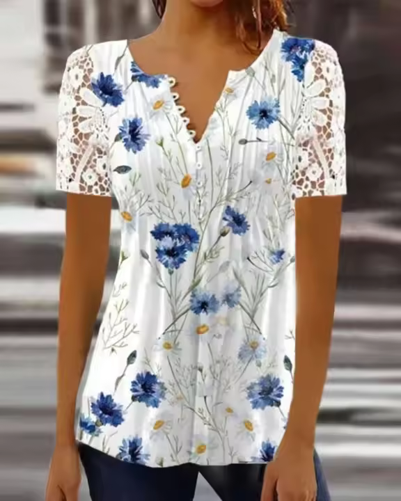 Verano primavera nueva mujer suelta y cómoda Casual cuello en V blusa estampada ral camisa de moda de manga corta - 1