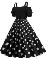 Vestido de fiesta Vintage elegante con hombros descubiertos, vestidos Midi de verano con lunares y volantes para mujer - details 16