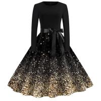 Vestido de invierno con estampado de lentejuelas navideñas para mujer, elegante, Temperamental, cuello redondo, manga larga, corte en A, gran vuelo - details 3