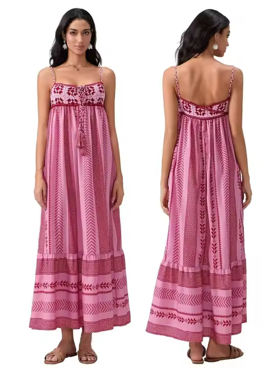 Verano de mujer sin mangas, vacaciones bohemias con estampado geométrico de crochet y borlas, ropa de calle de playa - 1