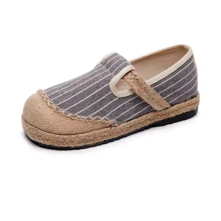 2025 Primavera y otoño nuevos zapatos de mujer ins zapatos de moda zapatos de algodón y lino de rayas rectas estilo universitario zapatos de lino de cabeza redonda de un solo paso Para mujer - 1