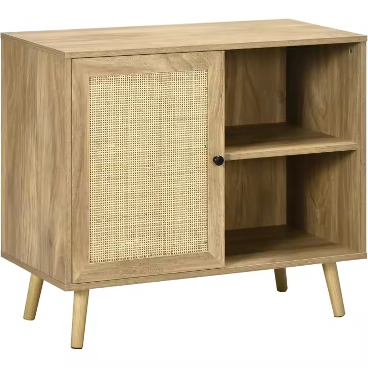 Aparador de Cocina Buffet de Salón Mueble Auxiliar de Cocina con Puerta de Ratán y 2 Estantes de Almacenaje para Comedor 80x39x70 cm Natural - 1