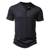Nueva camiseta coreana de manga corta de Color sólido con cuello Henry para hombre, polos informales, camisetas deportivas para hombre - details 7