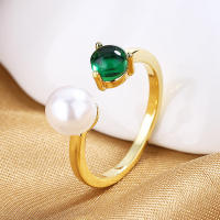 Anillo de Perla Abierto de Lujo de Esmeralda Diseño de Nicho de Oro Plateado de Alta Gama - details 0