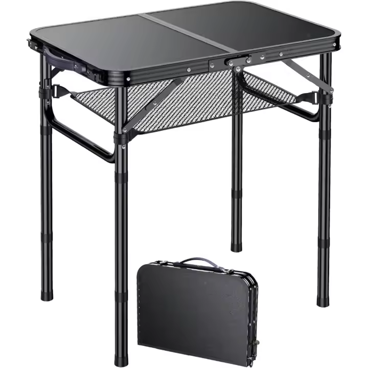 Mesa de Camping Plegable Portátil Altura Ajustable Impermeable Negro Para BBQ en la Playa - 1