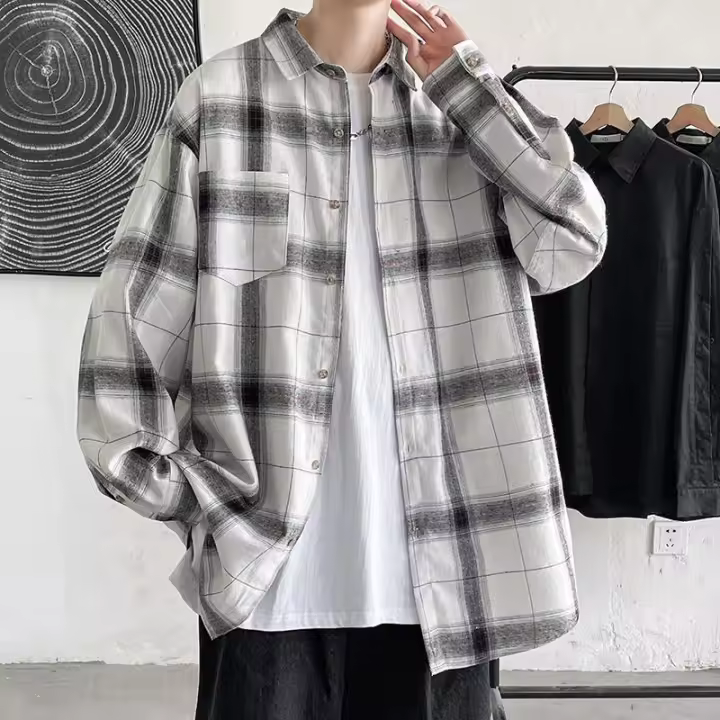 Primavera Y Otoño Camisa A Cuadros Blanca Y Negra Clásica Mangas Largas para Hombres Y Mujeres Estilo Coreano Informal Suelto Ins Abrigo De Camisa A Juego De Moda - 1